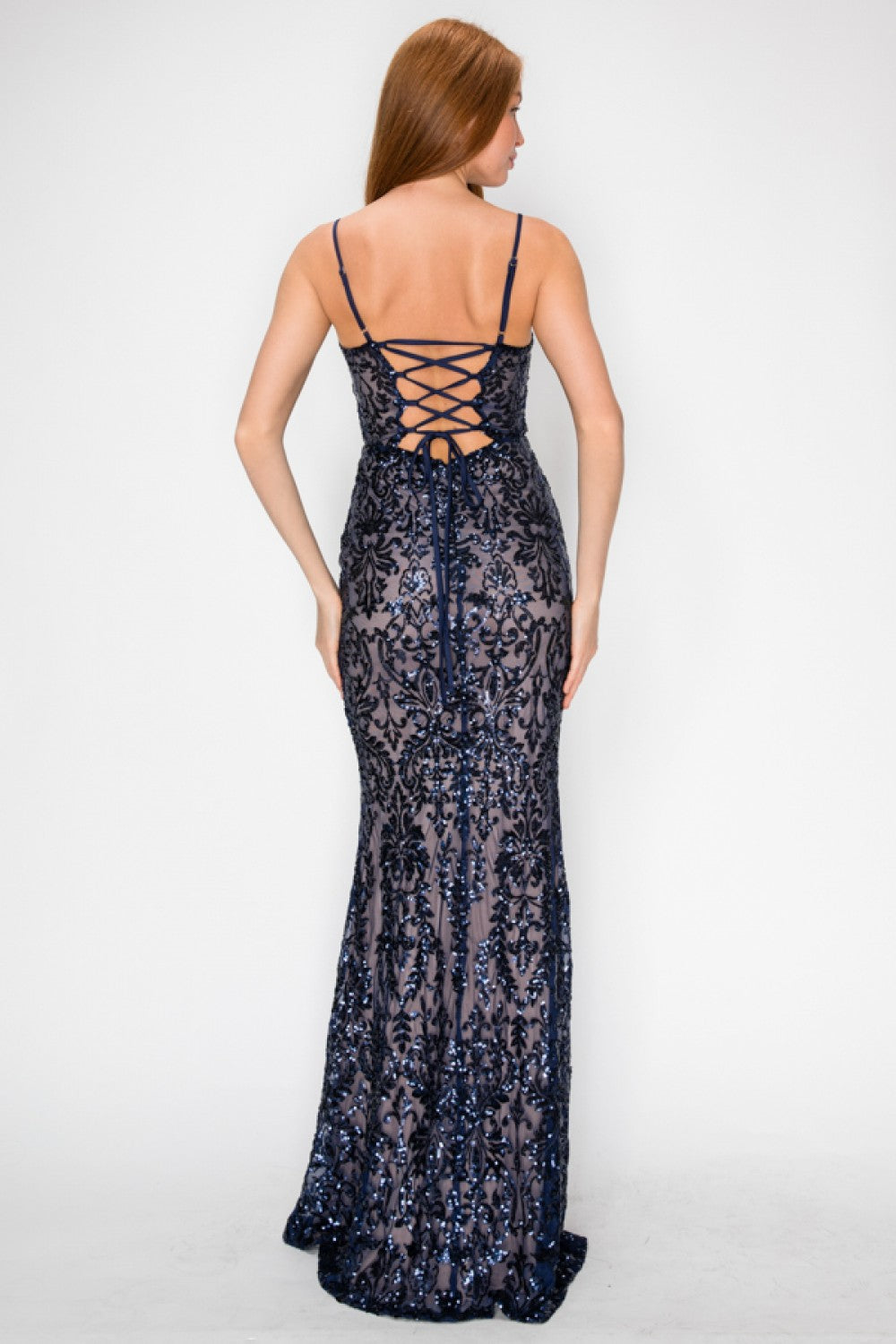 Vestido Largo Marino Lentejuelas Barrocas Espalda con Cordones | V260616