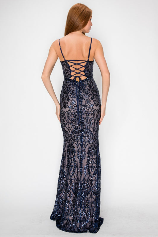 Vestido Largo Marino Lentejuelas Barrocas Espalda con Cordones | V260616