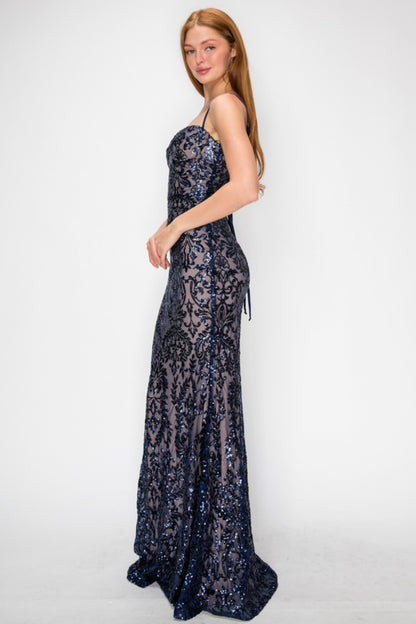 Vestido Largo Marino Lentejuelas Barrocas Espalda con Cordones | V260616