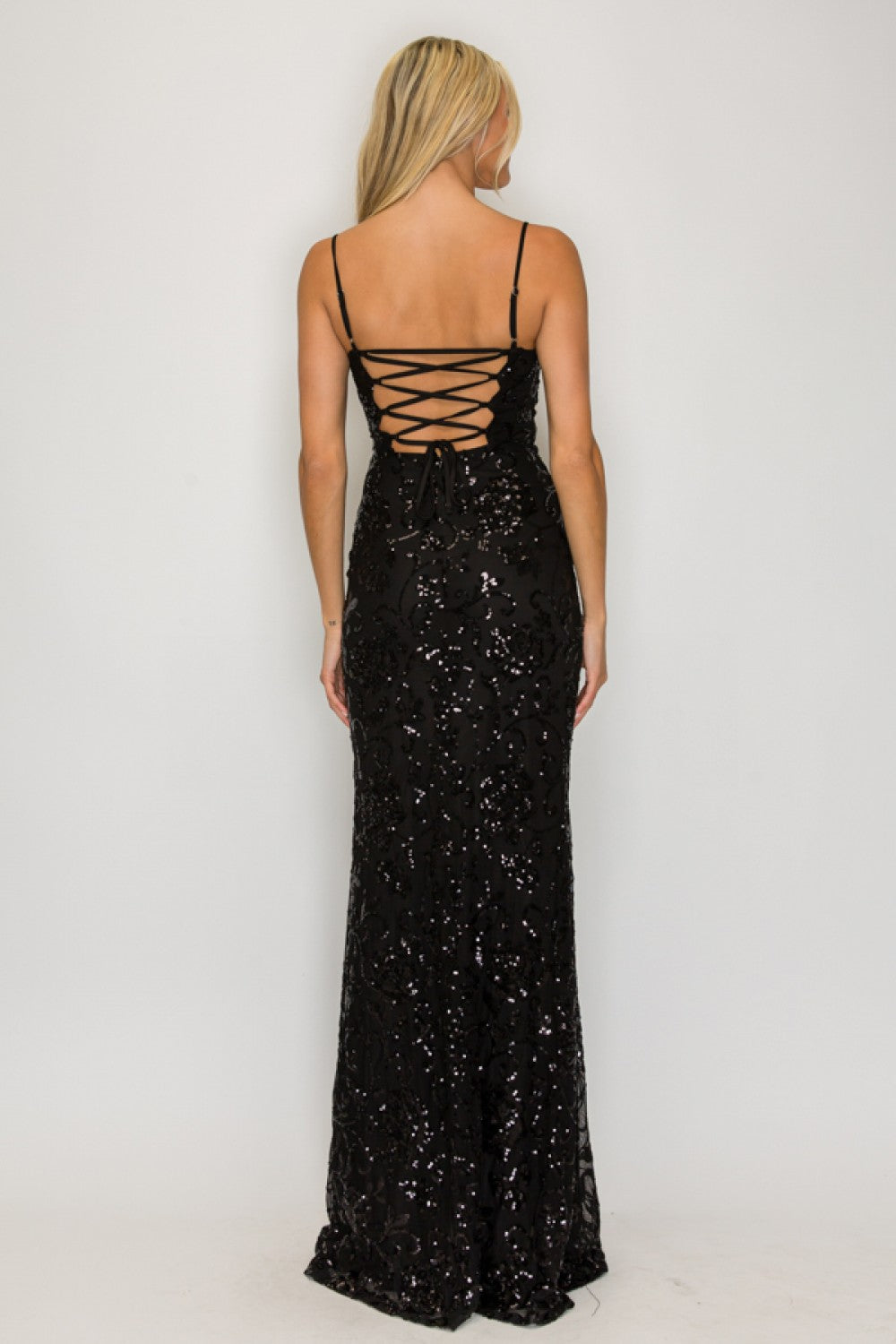 Vestido Largo Negro Lentejuelas Barrocas Espalda con Cordones | V260617