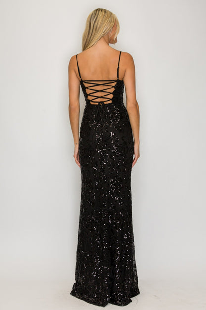 Vestido Largo Negro Lentejuelas Barrocas Espalda con Cordones | V260617