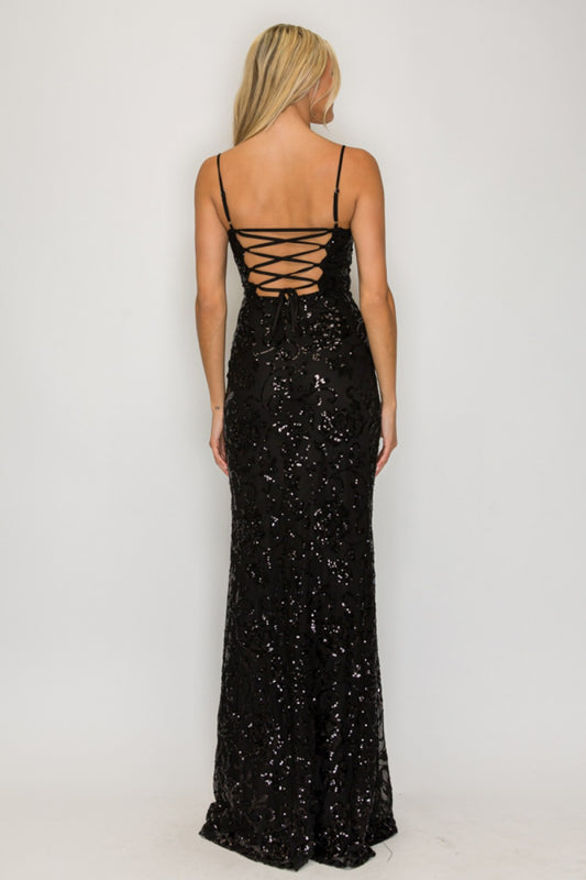 Vestido Largo Negro Lentejuelas Barrocas Espalda con Cordones | V260617
