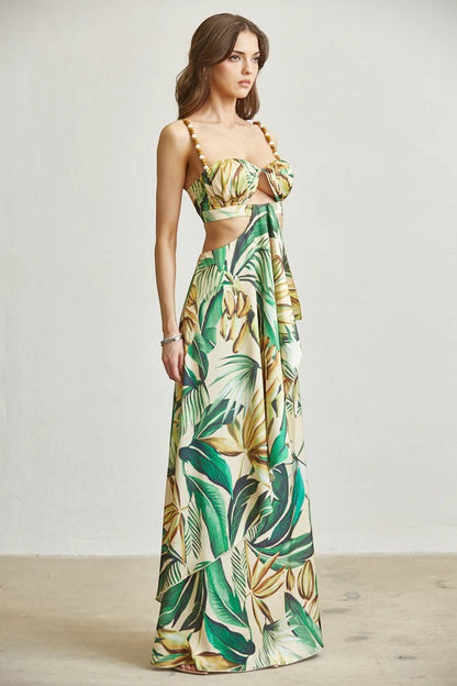 Vestido Largo Amarillo Banana Satén con Peplum y Olán | V260623