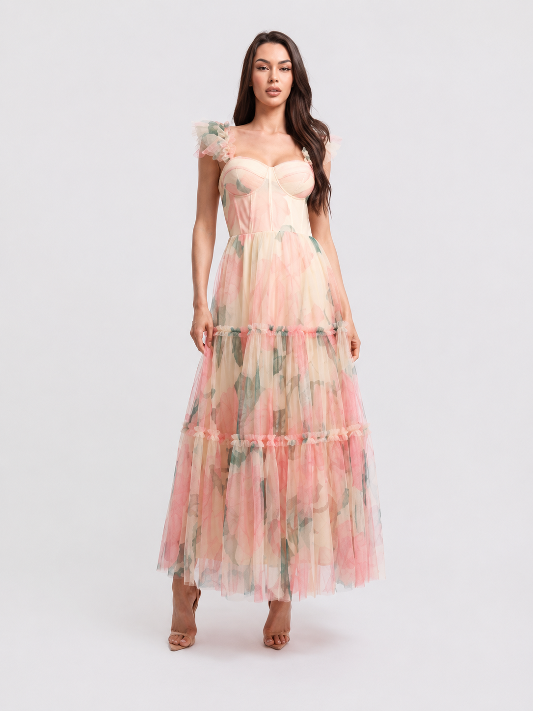 Vestido maxi tul floral pastel corsé con tirantes de olán - Pink Shop by MAF