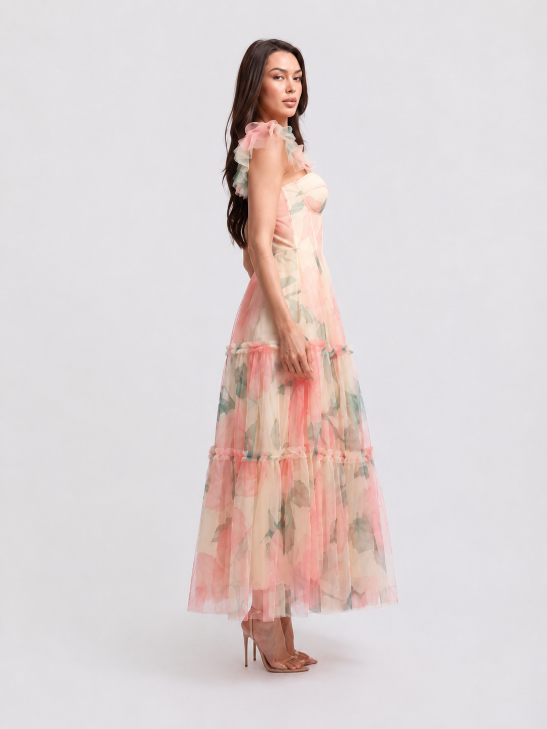 Detalle corsé vestido maxi tul floral pastel - Pink Shop by MAF