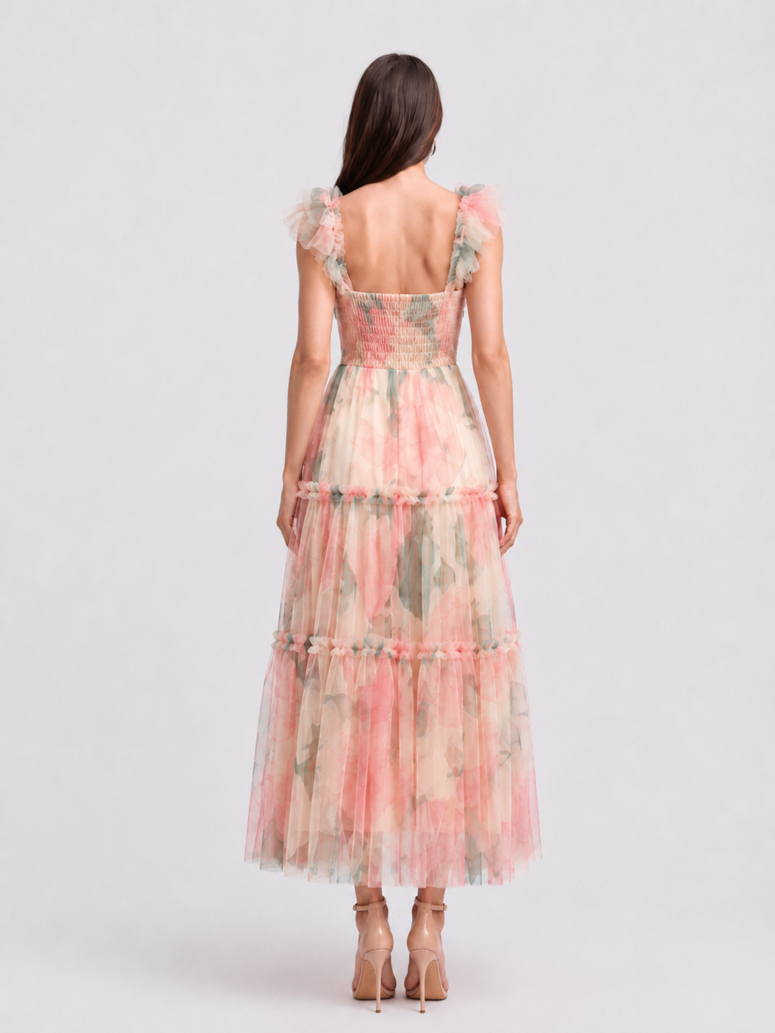 Vista completa vestido maxi tul floral pastel - Pink Shop by MAF