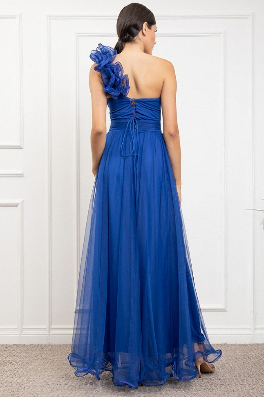 Vista completa vestido largo azul rey tul - Pink Shop by MAF