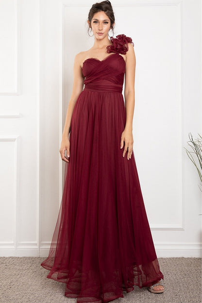 Vestido largo vino de tul un hombro con flor 3D - Pink Shop by MAF
