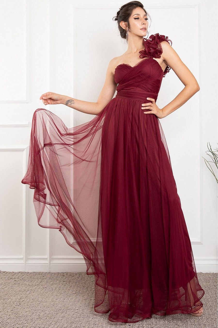 Vista completa vestido largo vino tul - Pink Shop by MAF
