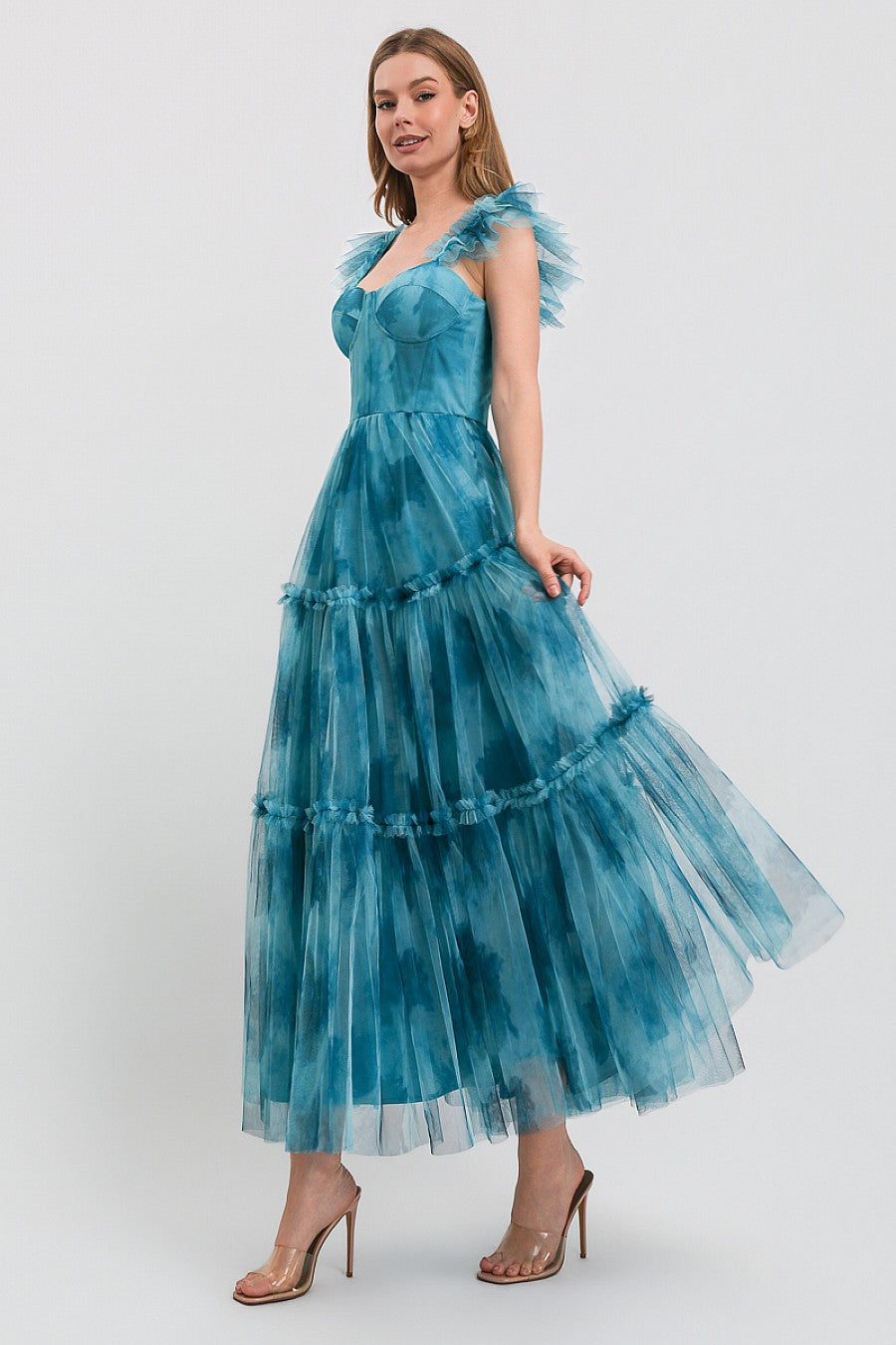 Vestido de tul floral azul con corsé y falda escalonada - Pink Shop by MAF