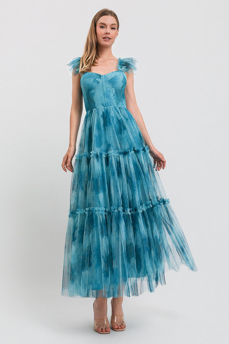 Vista completa vestido tul floral azul - Pink Shop by MAF