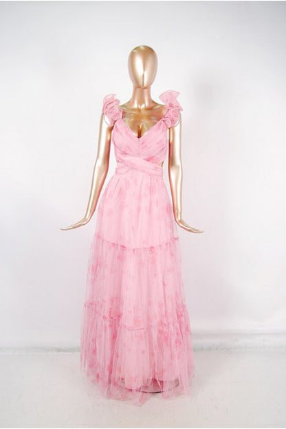 Vestido largo rosa de tul con olanes en hombros - Pink Shop by MAF