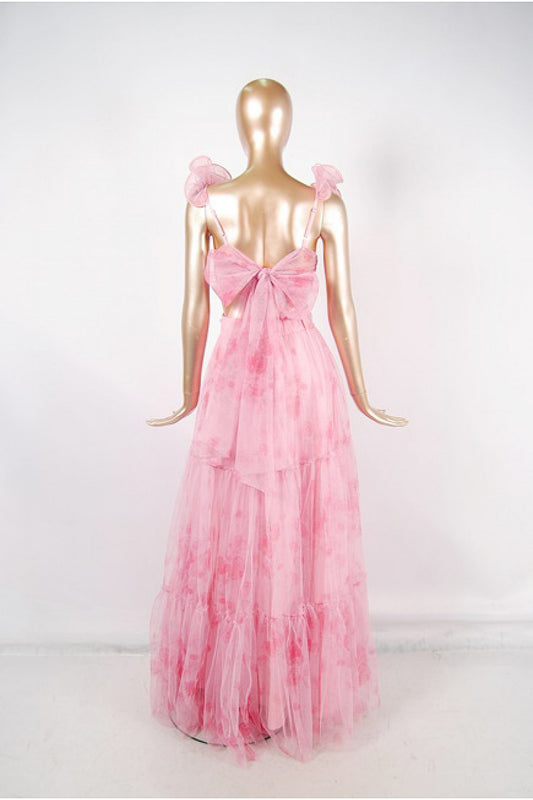 Vista completa vestido largo rosa tul olanes - Pink Shop by MAF