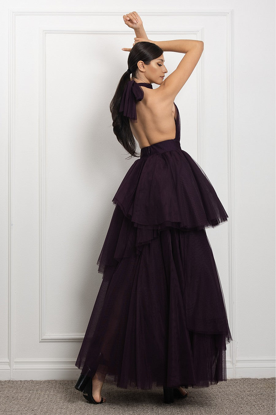 Vista completa vestido largo morado halter tutú - Pink Shop by MAF