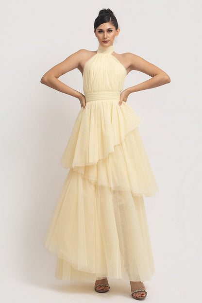 Vestido largo amarillo de tul halter con falda tutú escalonada - Pink Shop by MAF