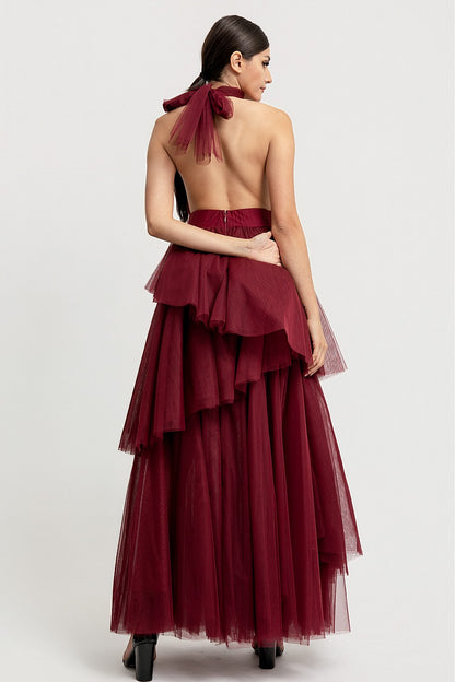 Vista completa vestido largo vino halter tutú - Pink Shop by MAF
