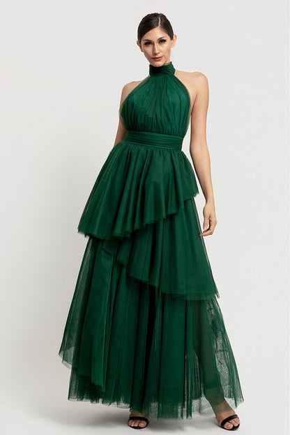 Vestido largo verde botella de tul halter con falda tutú escalonada - Pink Shop by MAF
