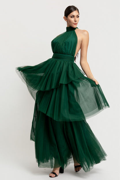 Vista completa vestido largo verde botella halter tutú - Pink Shop by MAF