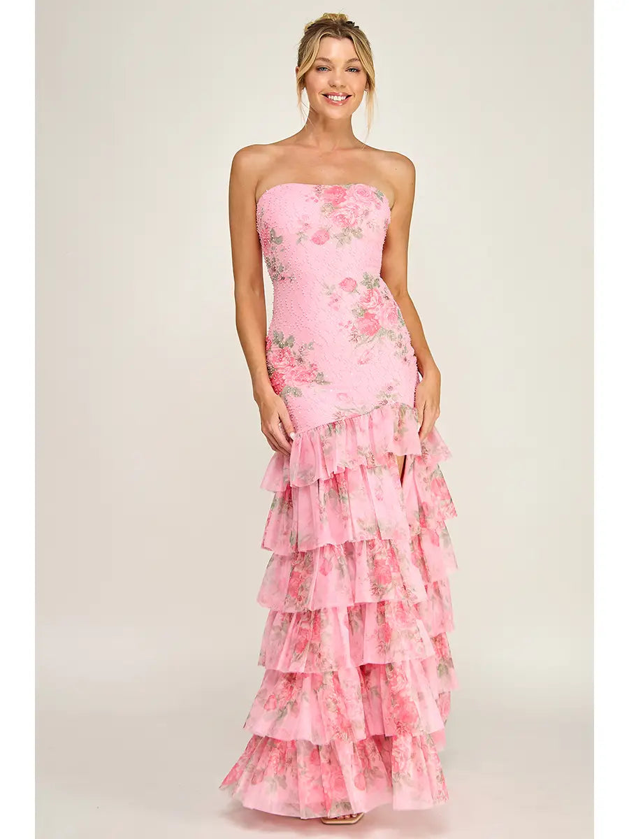 Detalle bordado vestido sirena floral fucsia - Pink Shop by MAF