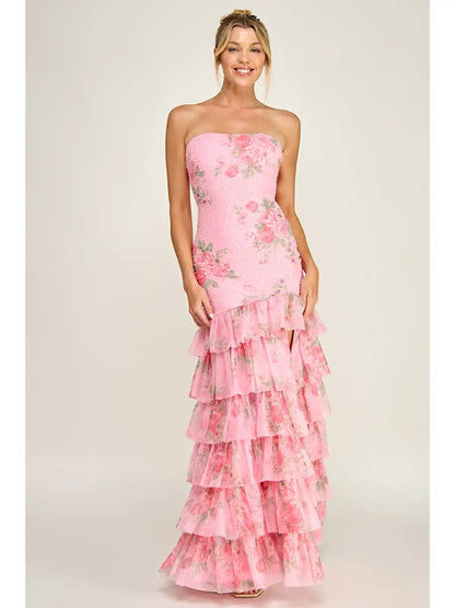 Detalle bordado vestido sirena floral fucsia - Pink Shop by MAF