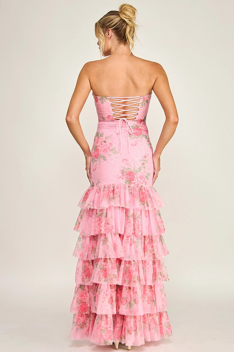 Vista lateral vestido sirena floral fucsia - Pink Shop by MAF
