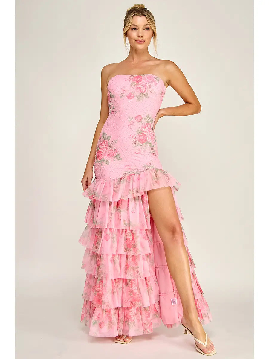 Vista completa vestido largo sirena floral fucsia - Pink Shop by MAF