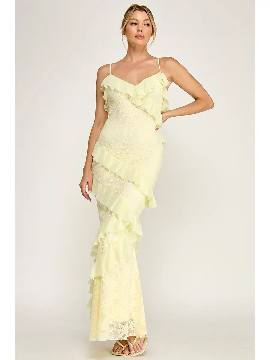 Detalle olanes cascada vestido amarillo - Pink Shop by MAF