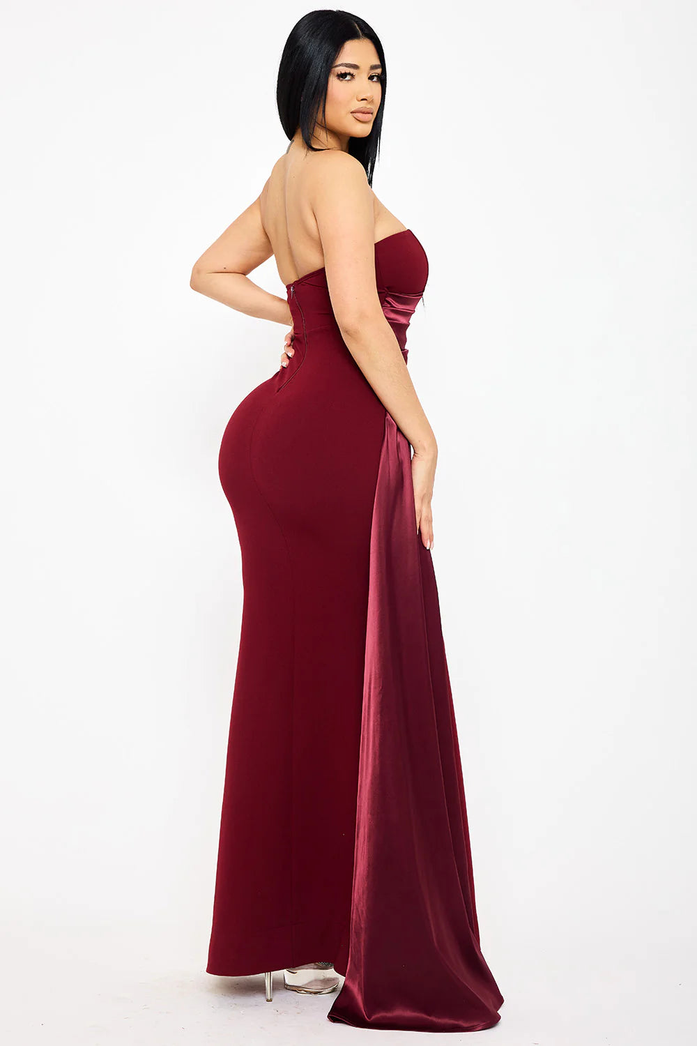 Vista posterior vestido vino drapeado - Pink Shop by MAF