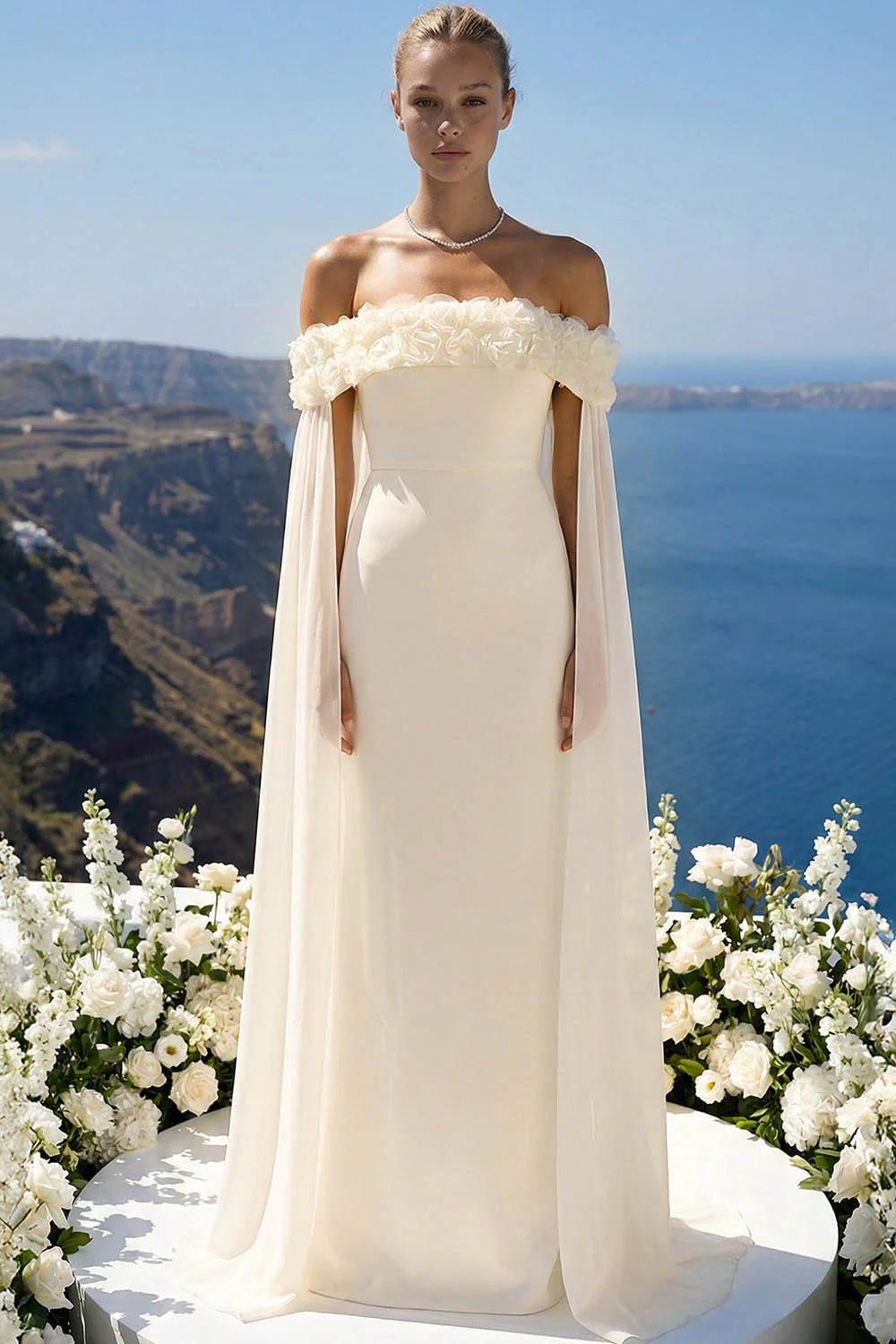 Vista completa vestido largo crema flores 3D - Pink Shop by MAF