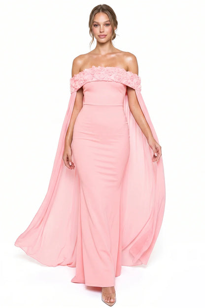 Vestido largo rosa off-shoulder con flores 3D y capa - Pink Shop by MAF