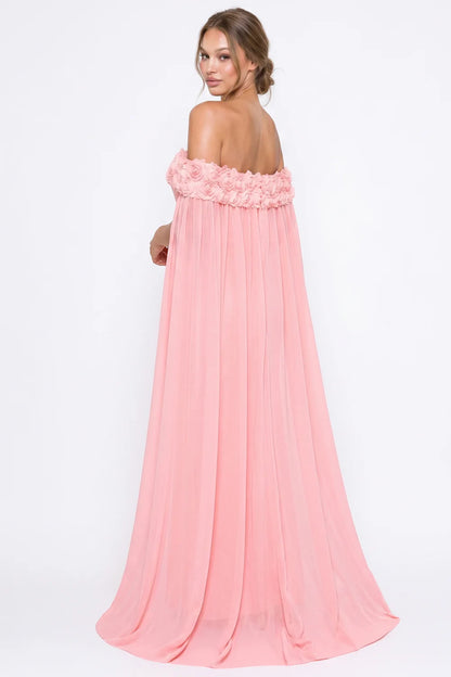 Vista completa vestido largo rosa flores 3D capa - Pink Shop by MAF