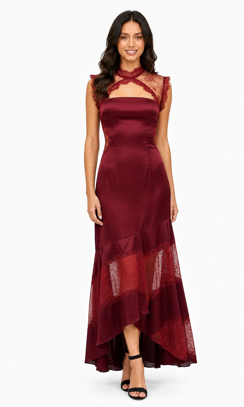 Vestido maxi de satén y encaje con cuello alto y olán asimétrico — Vino