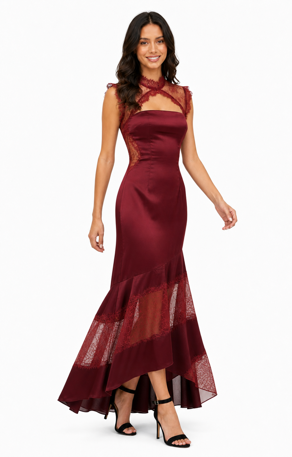 Vestido maxi de satén y encaje con cuello alto y olán asimétrico — Vino