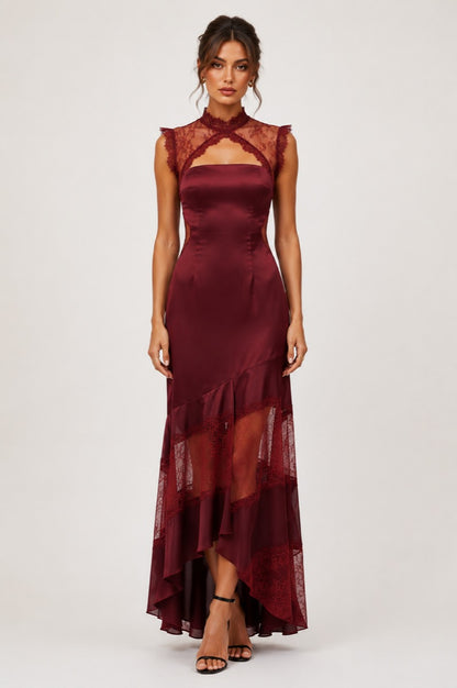 Vestido maxi de satén y encaje vino — frente