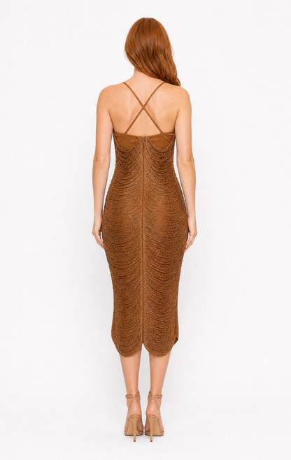 Vestido midi fruncido metálico de tirantes — Bronce