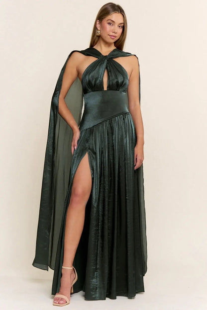 Vestido largo halter metálico verde — detalle