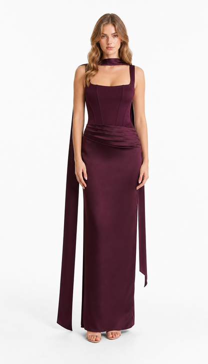 Vestido largo de satén con corset y mascada — Morado