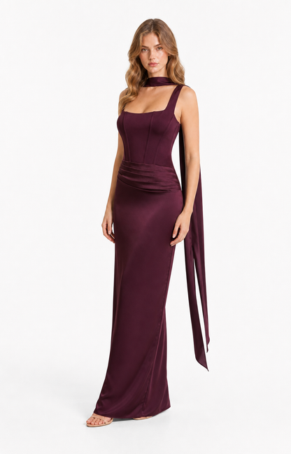 Vestido largo de satén con corset y mascada — Morado