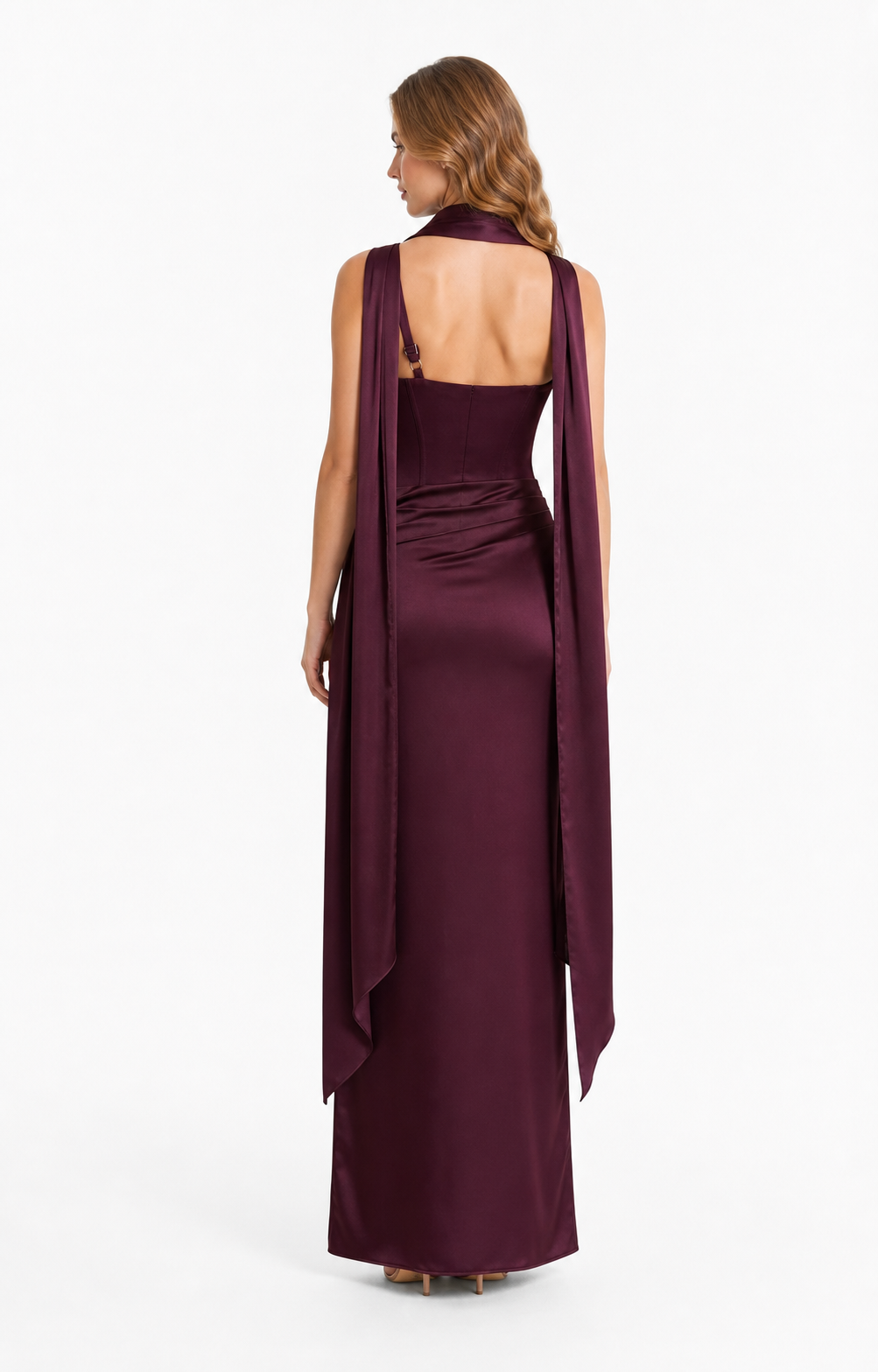 Vestido largo de satén con corset y mascada — Morado