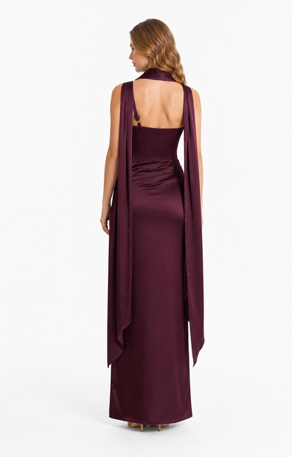 Vestido largo de satén con corset y mascada — Morado