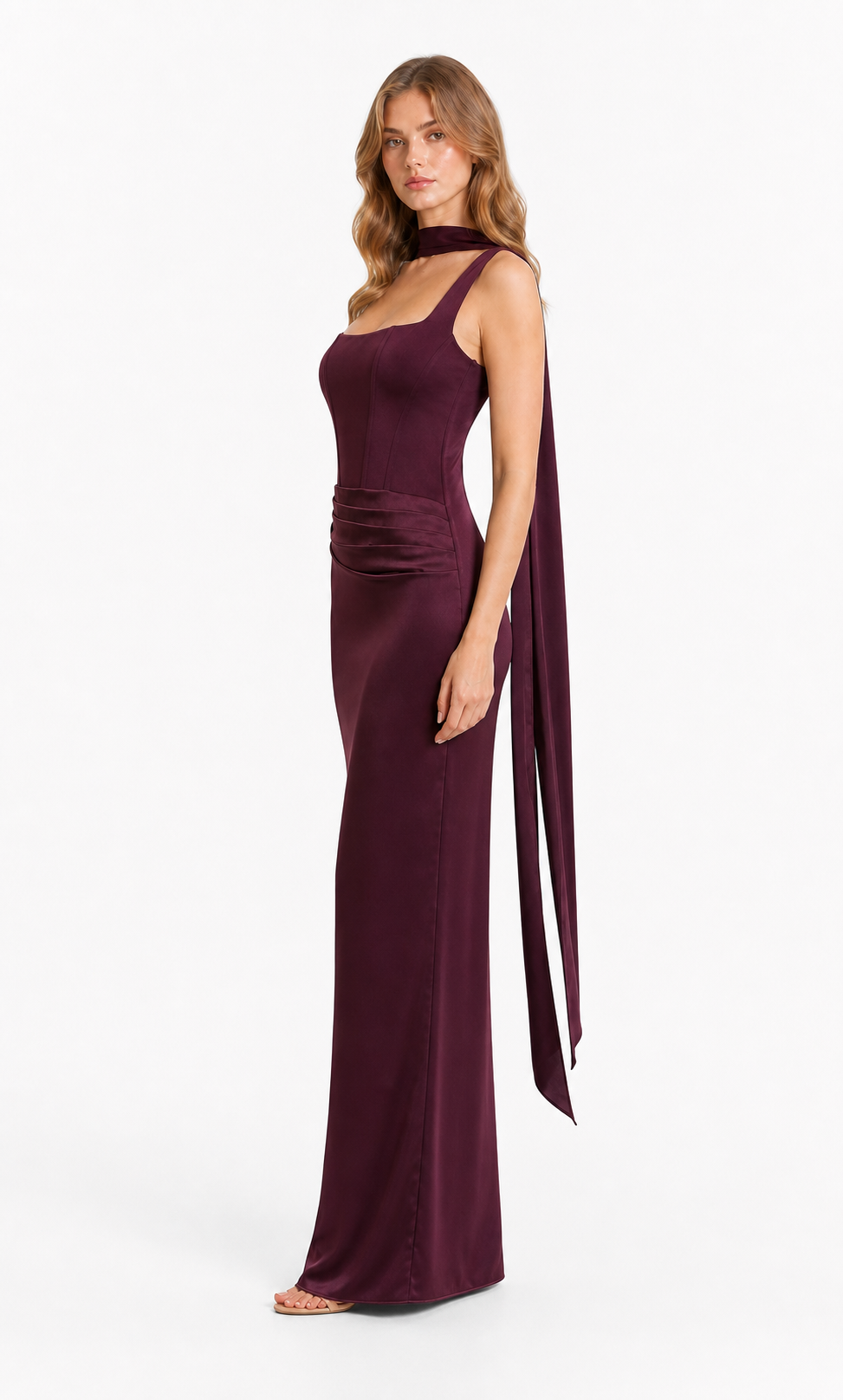 Vestido largo de satén con corset y mascada — Morado