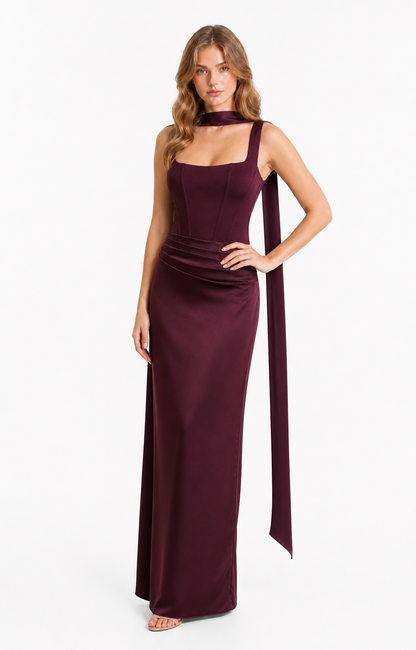 Vestido largo de satén con corset y mascada — Morado