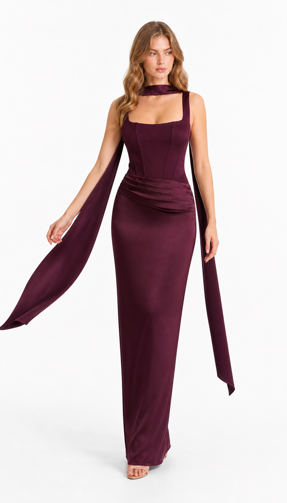 Vestido largo de satén con corset y mascada — Morado