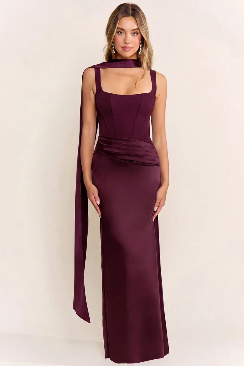 Vestido largo satén morado corset — frente