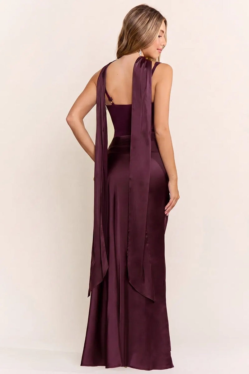 Vestido largo satén morado corset — detalle