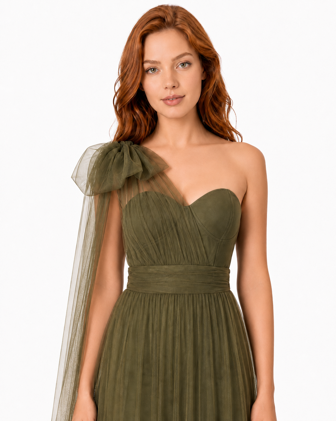 Vestido largo de tul un hombro con moño — Olivo