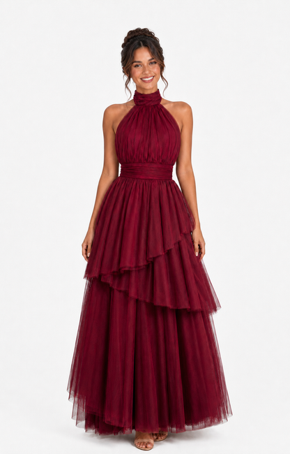 Vestido largo de tul halter con capas escalonadas — Vino