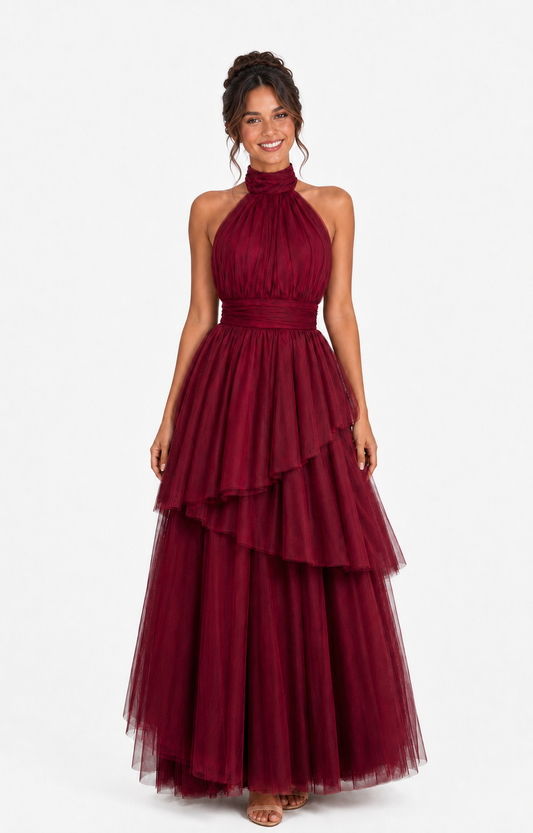 Vestido largo de tul halter con capas escalonadas — Vino