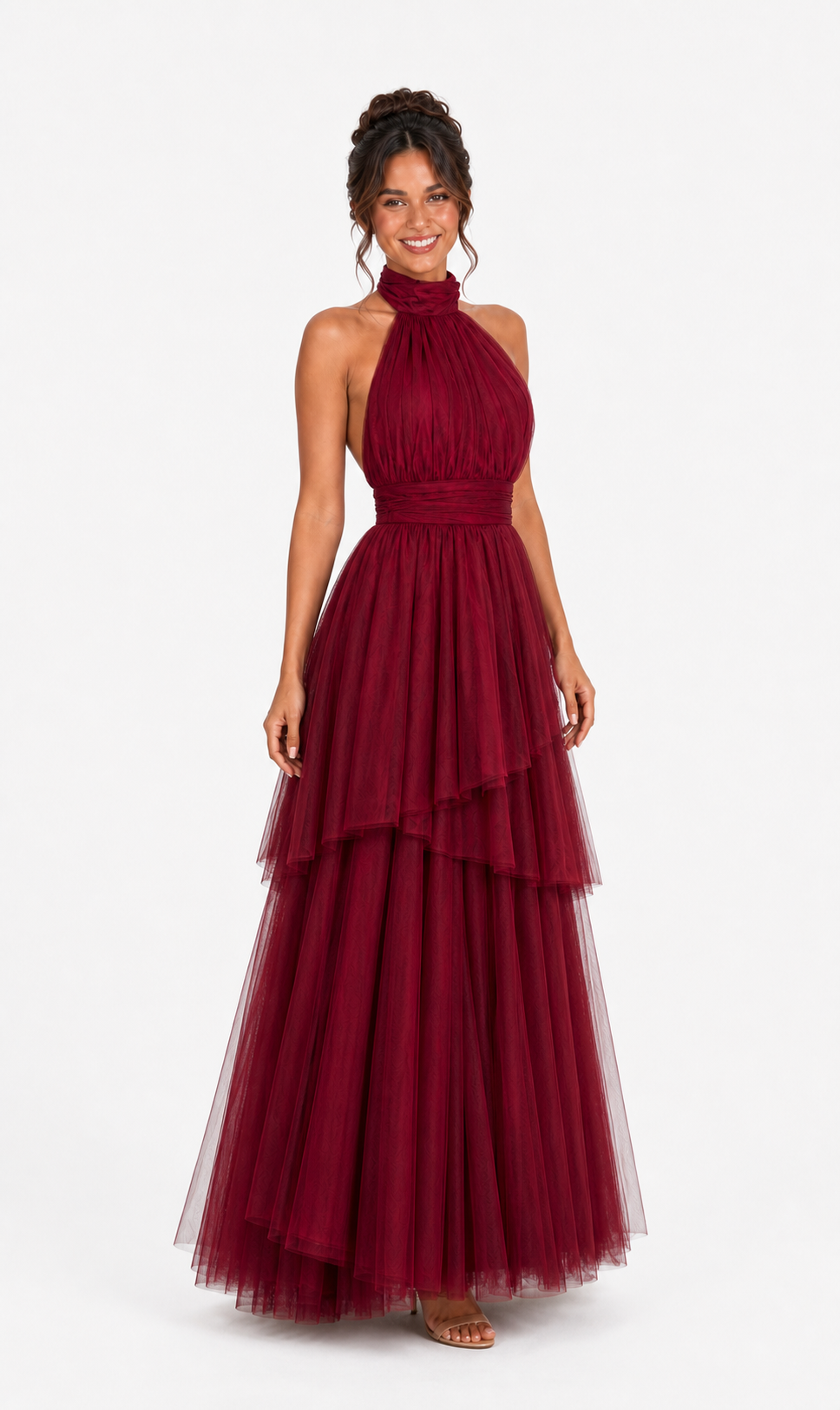 Vestido largo de tul halter con capas escalonadas — Vino
