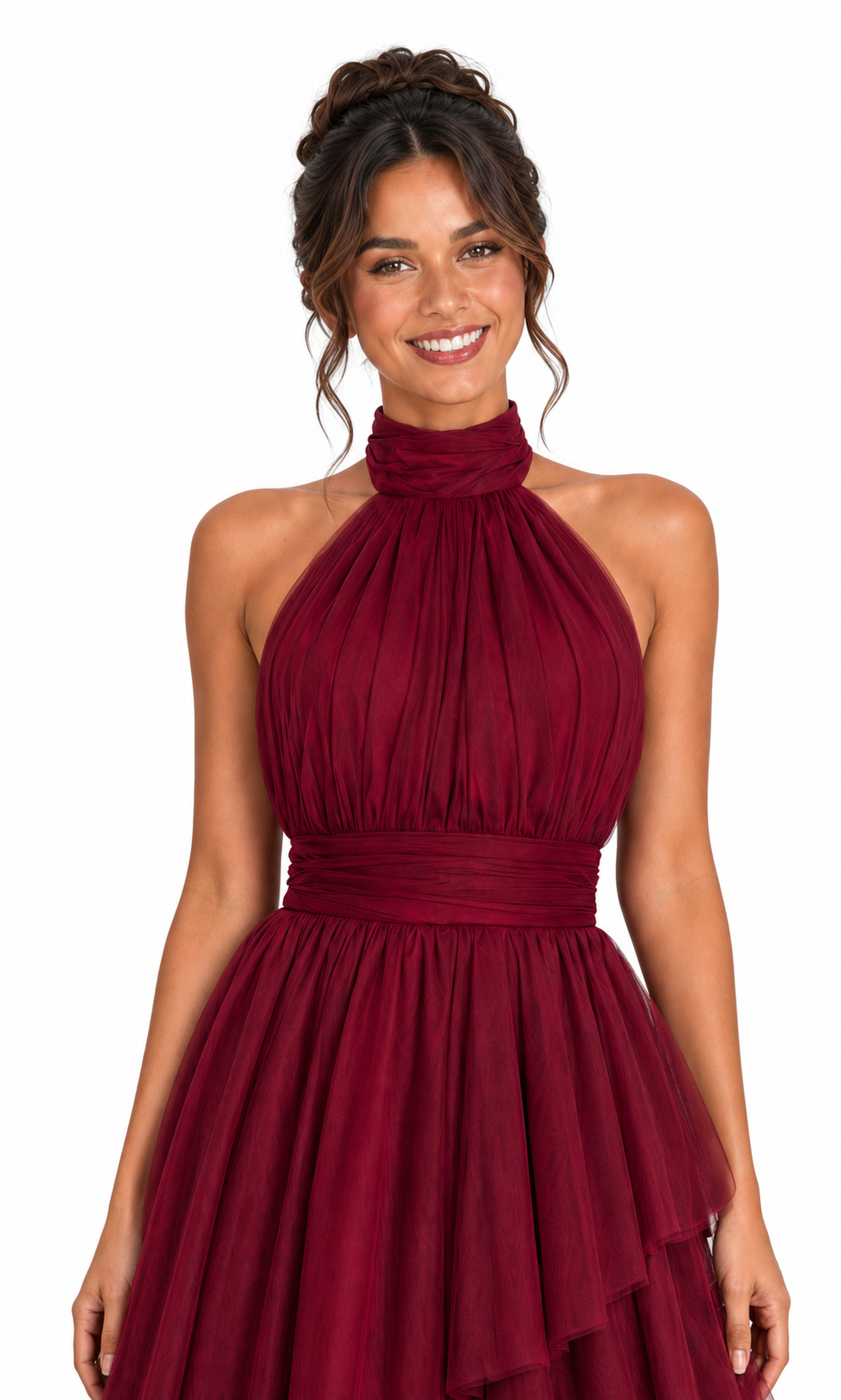 Vestido largo de tul halter con capas escalonadas — Vino